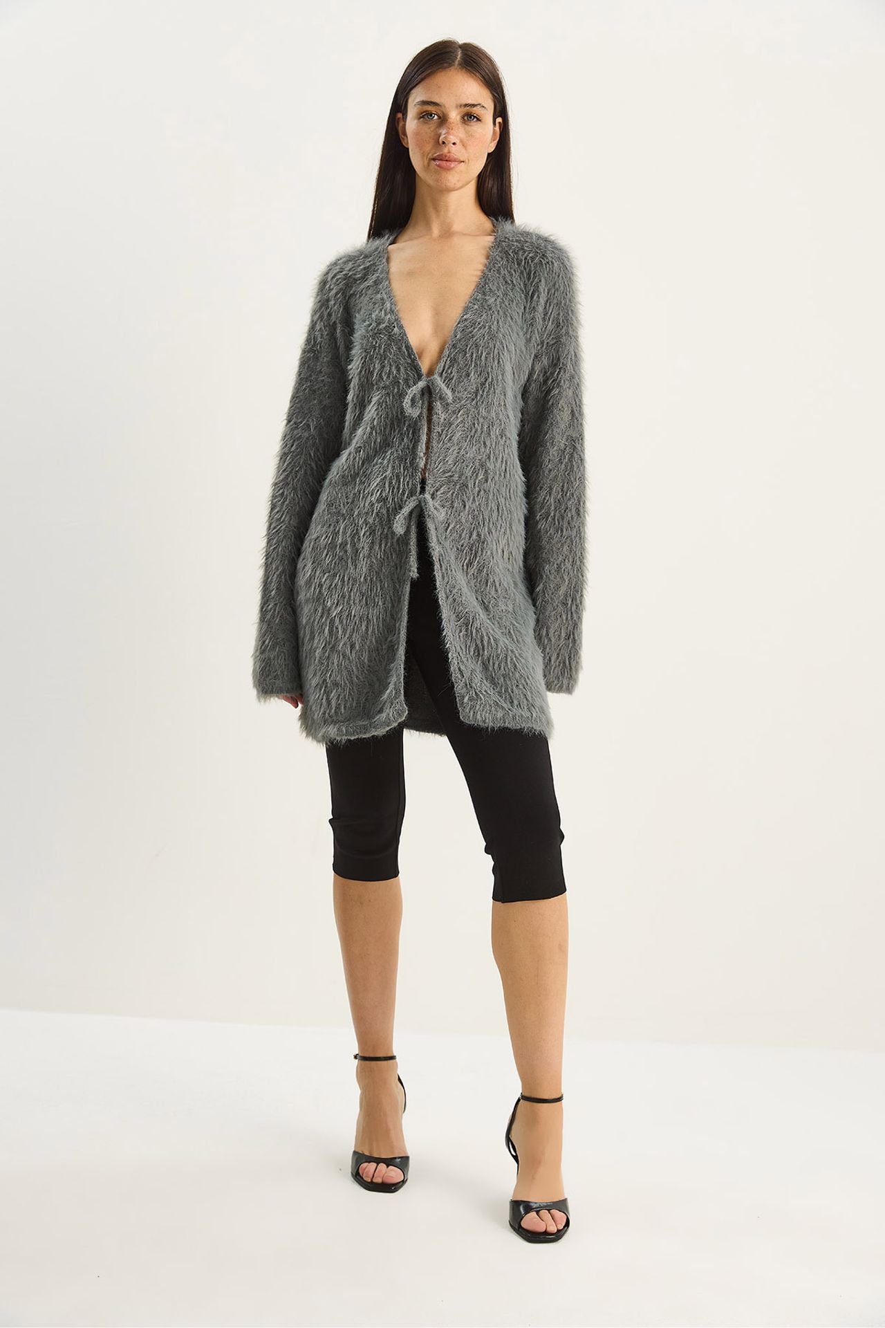 LUCCI Textured V-Neck Midi Cardigan with Tie Closure 2