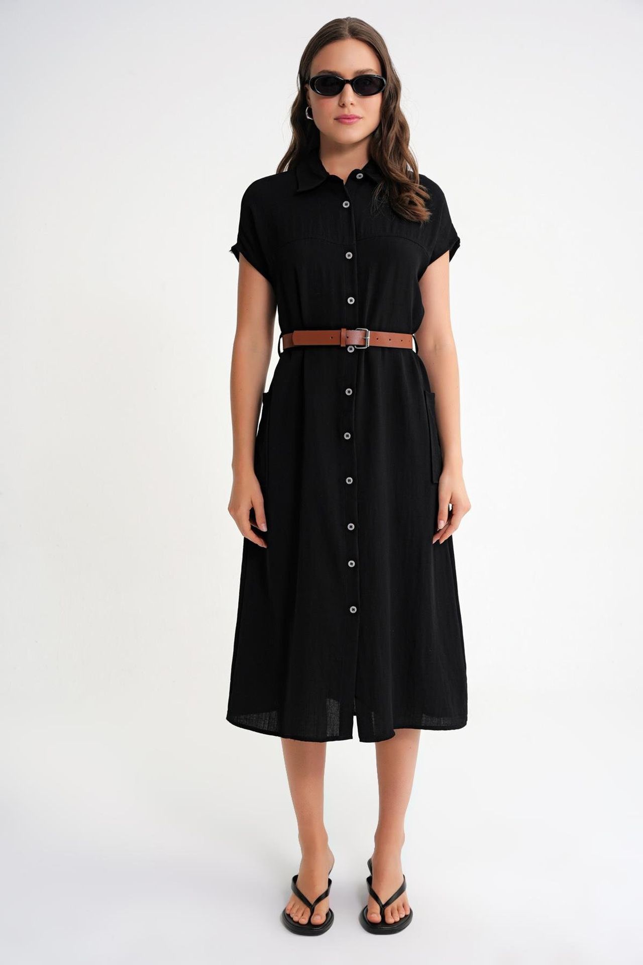 Mixray Midi Dress with Belt Detail and Buttoned Collar 2