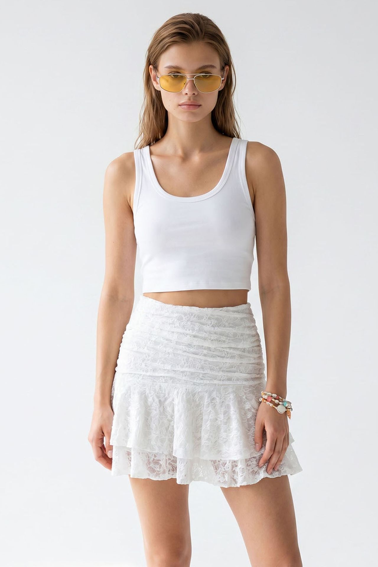 MIXRAY High-Waist Lace Mini Skater Skirt 1