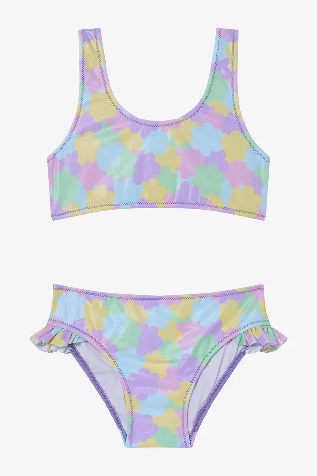 PENTI Girls' Shiny Flower Ruffled Halter Neck Bikini Set