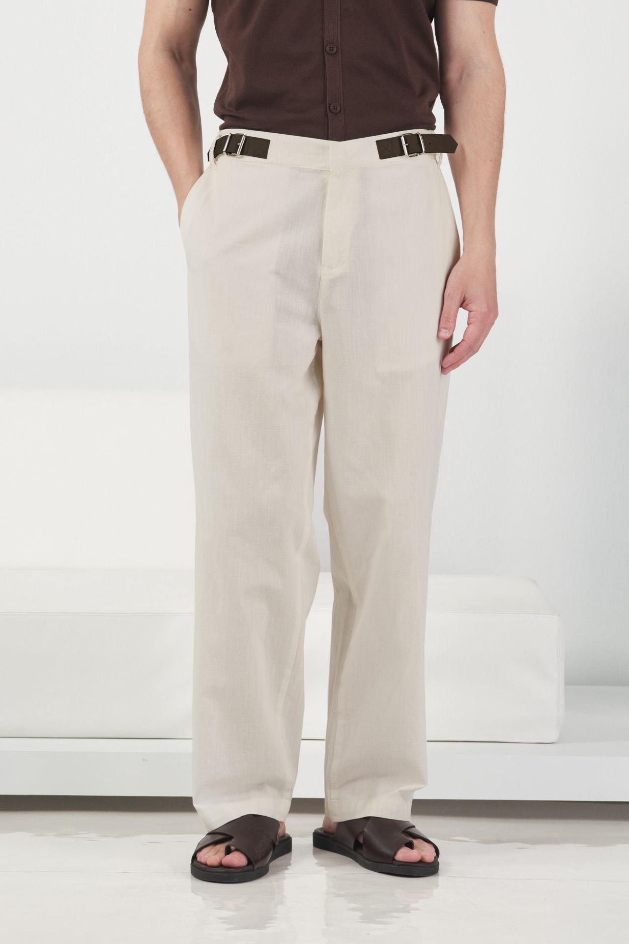 GIESTO Belted Straight Leg Linen Pants 2