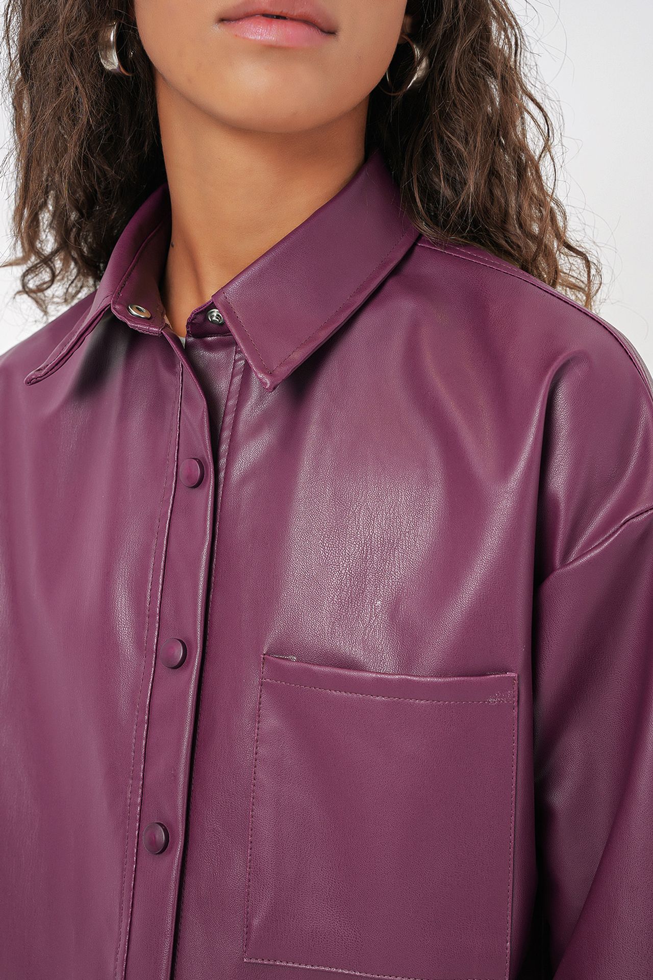 BDART Oversized Faux Leather Long Sleeve Button-Up Shirt with Pocket 5