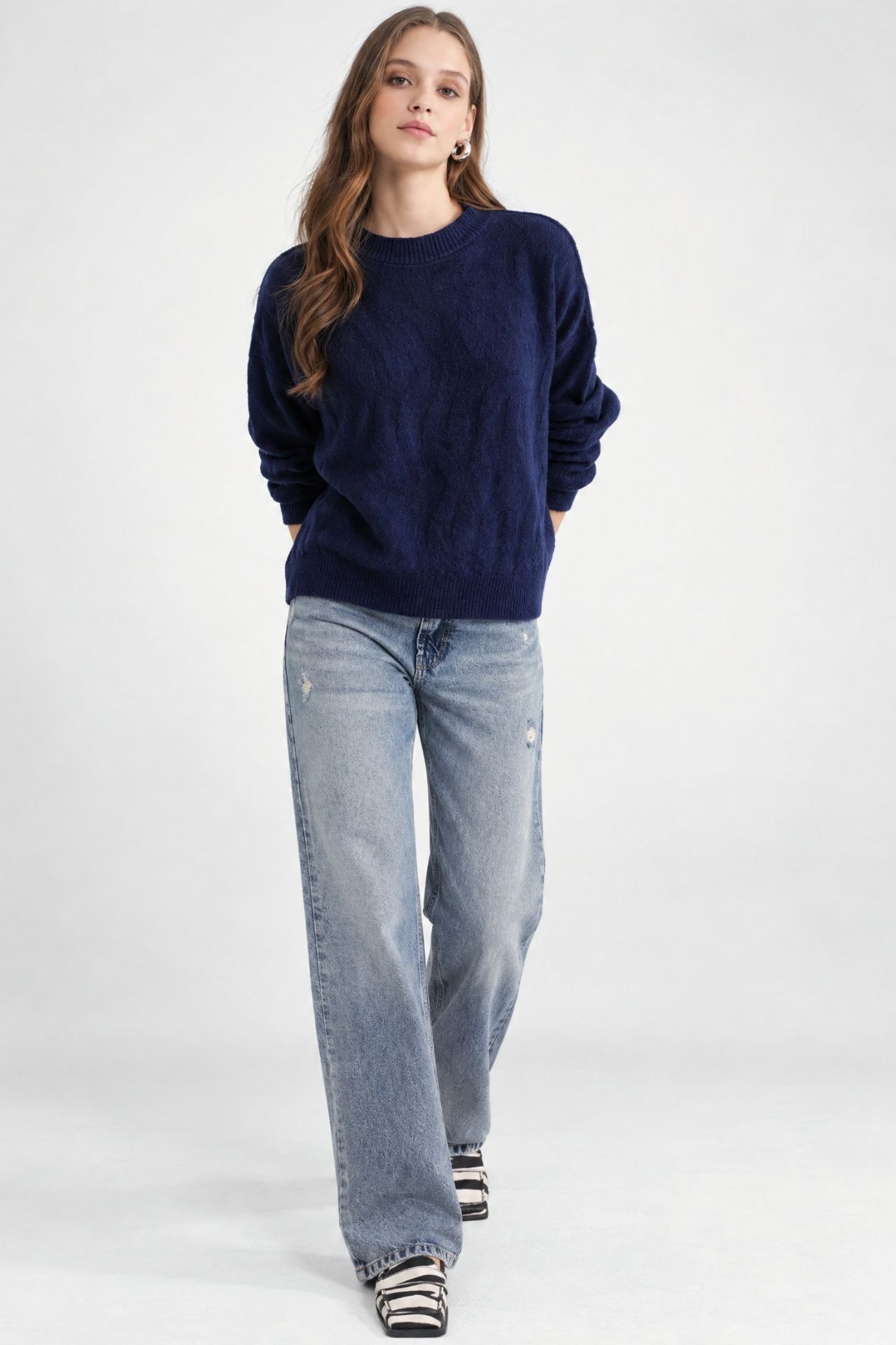 Mixray Ribbed Knitwear Pullover Sweater with Hair Braid Pattern 3