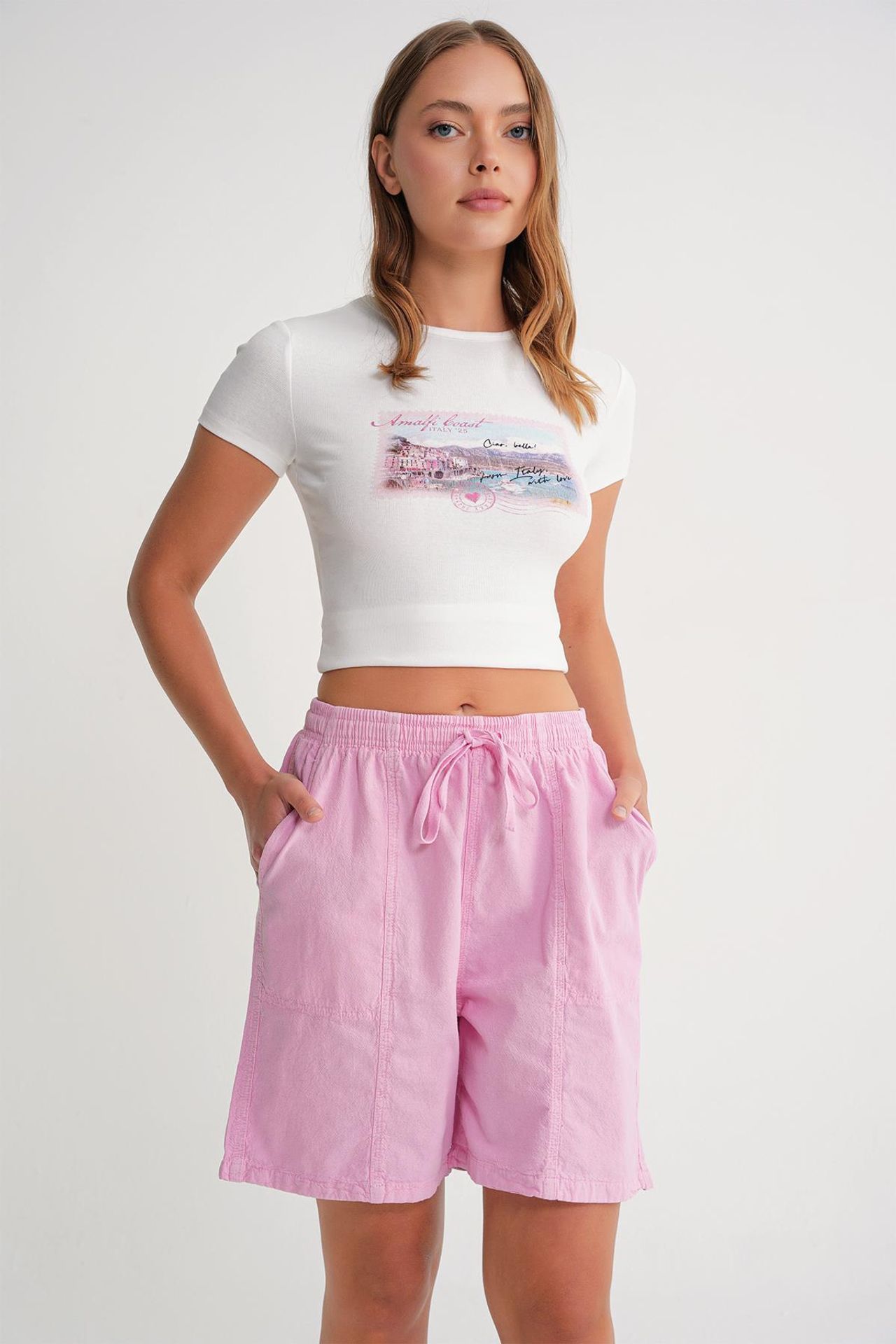 Mixray High Waist Cotton Drawstring Mini Shorts 1
