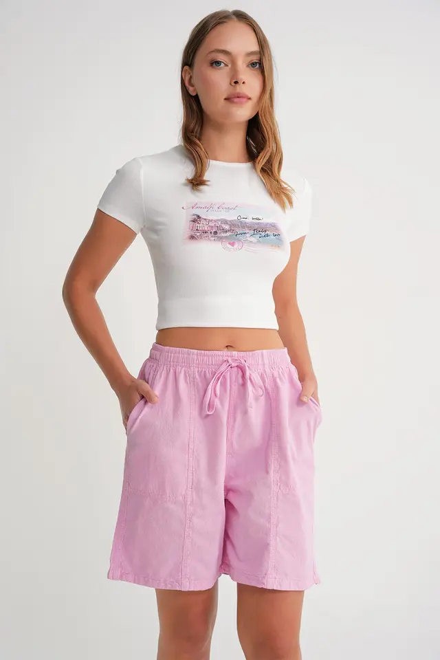 Mixray High Waist Cotton Drawstring Mini Shorts