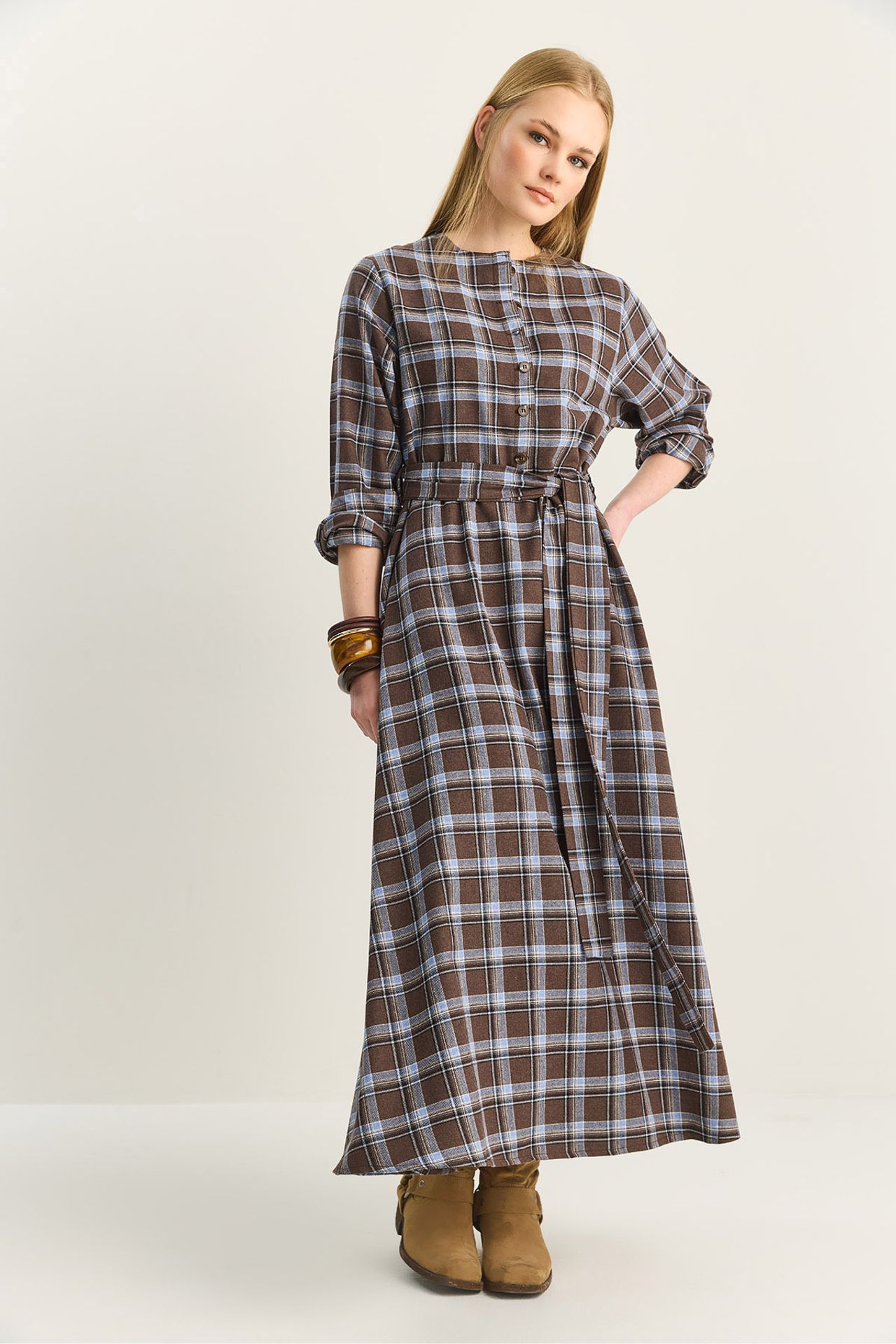 LUCCI Plaid Midi Dress with Belt