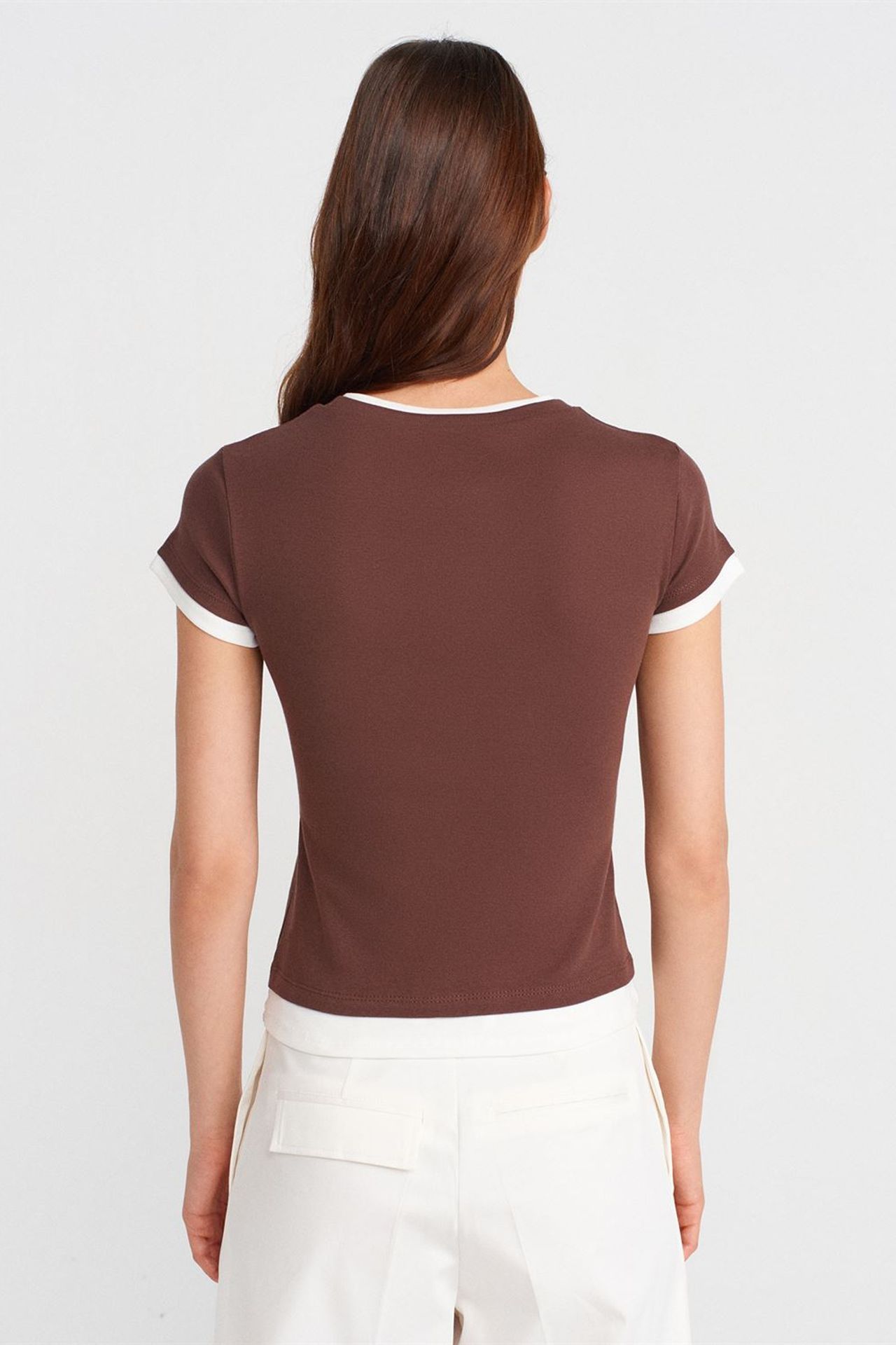 DILVIN Kadın Slim Fit Pamuklu Bisiklet Yaka Tişört 2