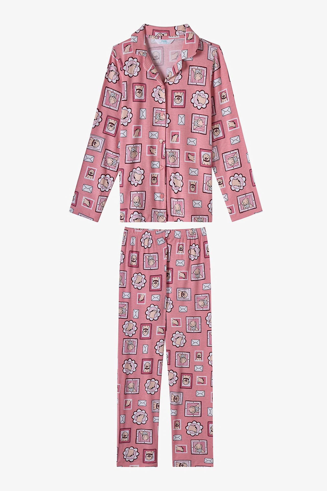 PENTI Girls' Kind Mailing Dog Print Long Sleeve Shirt Trousers Pajama Set 1