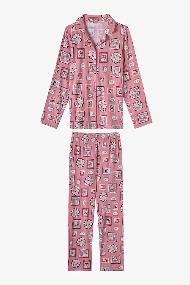 PENTI Girls' Kind Mailing Dog Print Long Sleeve Shirt Trousers Pajama Set