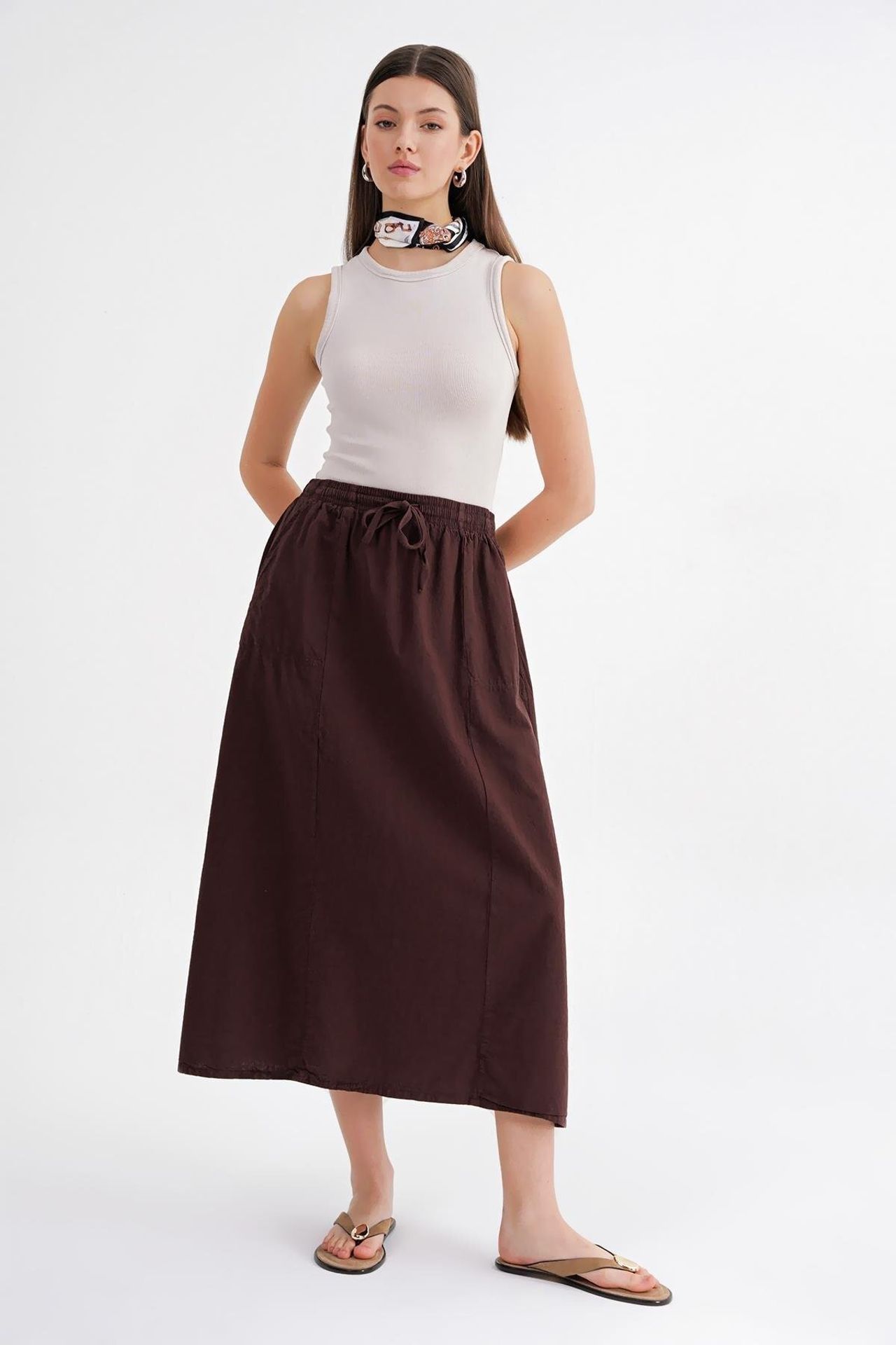 Mixray High-Waisted Poplin Skirt with Drawstring Detail 4