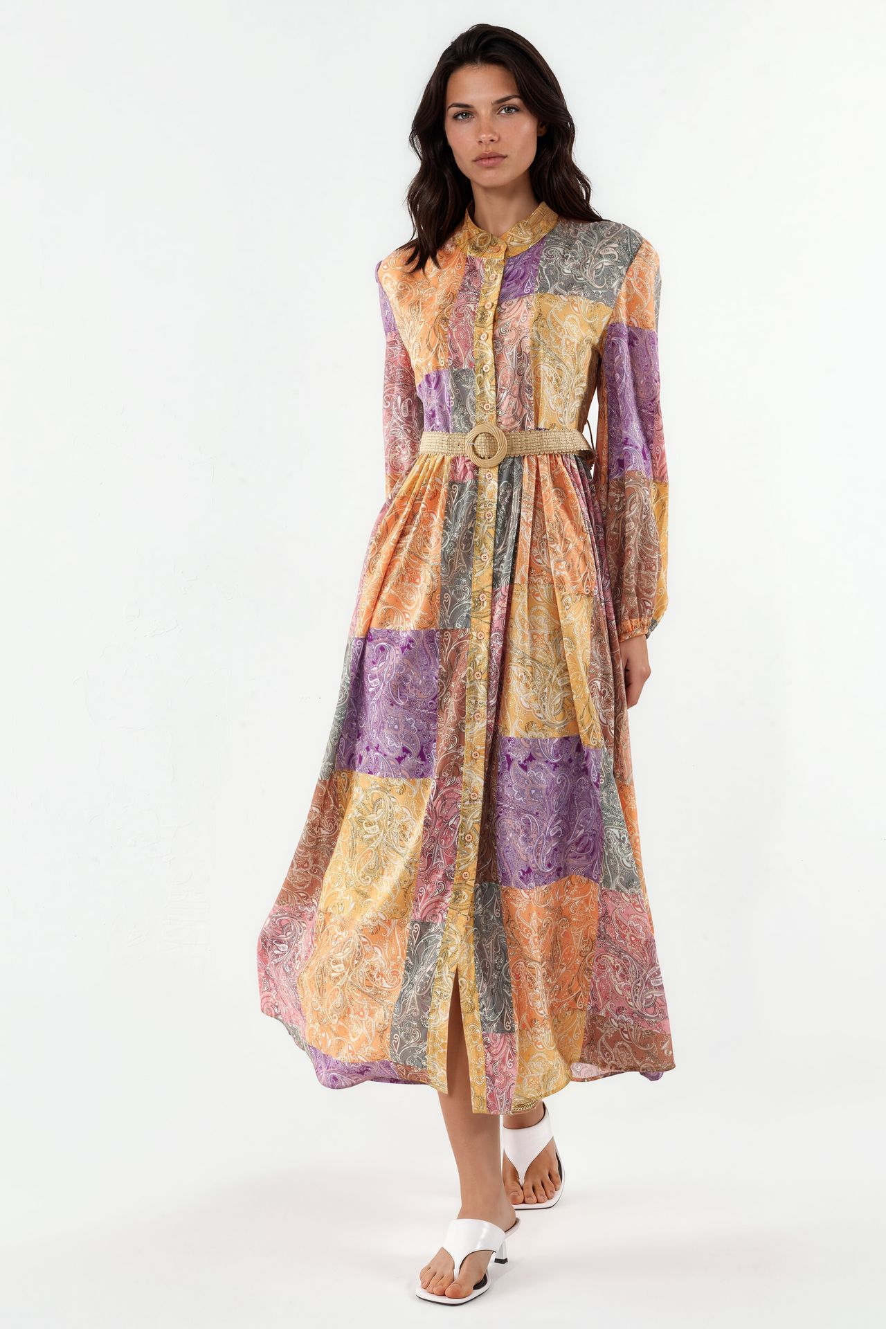 MSN Belted Geometric Chiffon Maxi Dress 1