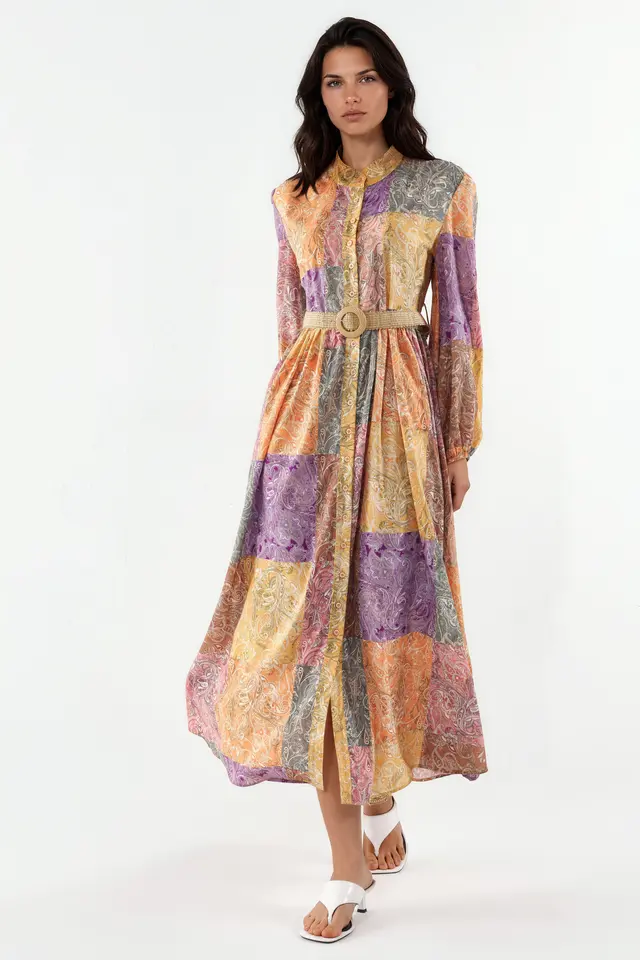 MSN Belted Geometric Chiffon Maxi Dress
