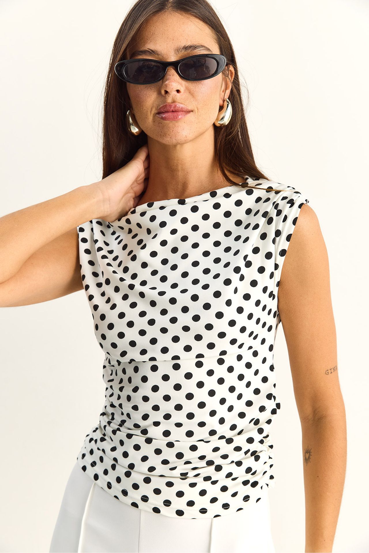 LUCCI Fitted Cowl Neck Polka Dot Blouse 5