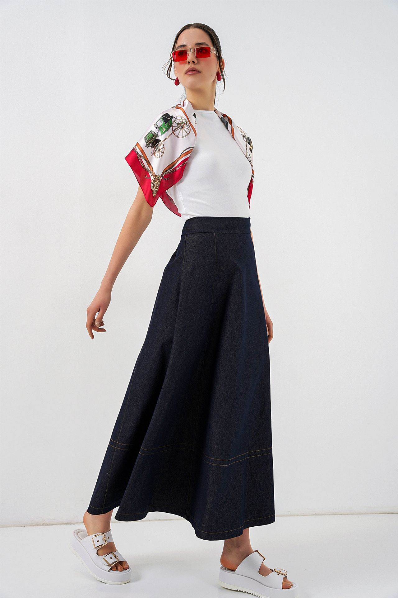 BDART High Waist Denim A-Line Maxi Skirt with Pockets