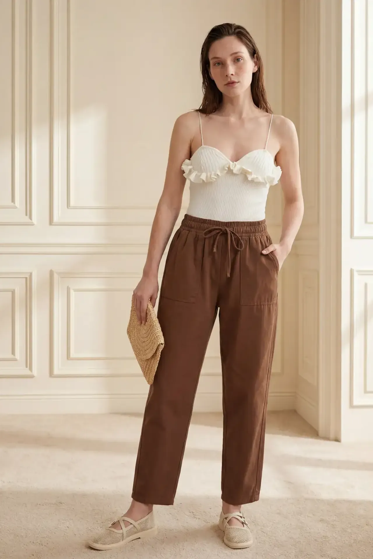 MY FASHION Ankle Length Solid Gabardine Pants with Drawstring Waist 1