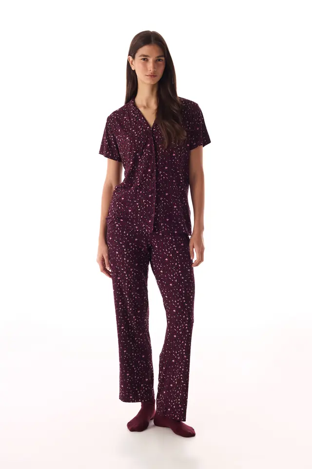 PENTI Leopard Ribbed Short-Sleeve Shirt Trousers Pyjama Set