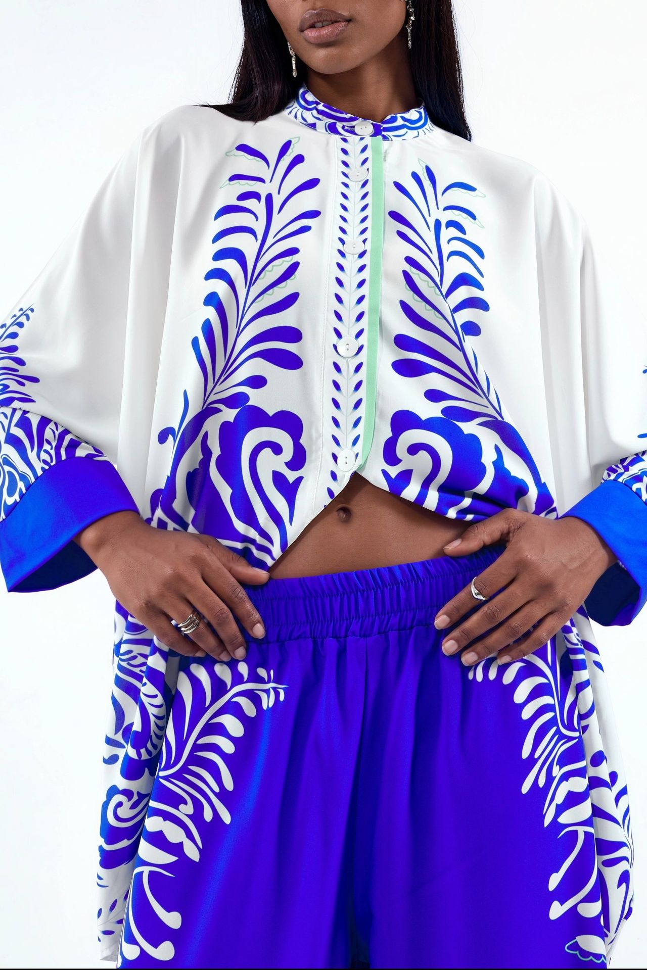 MSN Patterned V-Neck Blouse And Wide-Leg Trousers Set