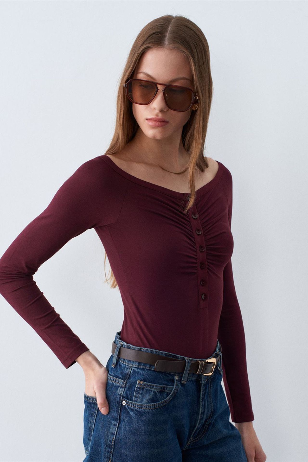 DILVIN Kayık Yaka Slim Fit Body Bluz 4