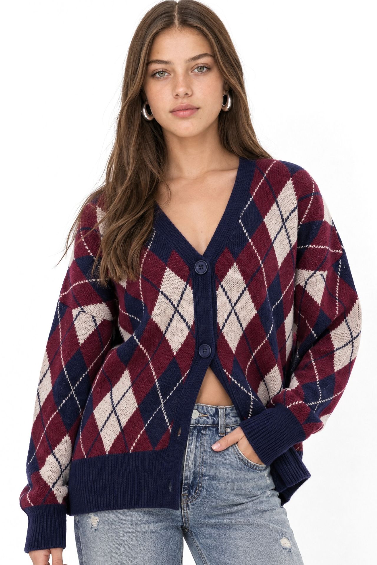 Mixray Oversize Argyle V-Neck Buttoned Cardigan 1