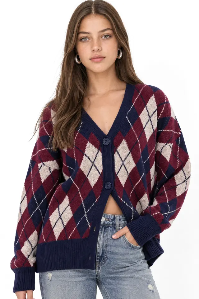 Mixray Oversize Argyle V-Neck Buttoned Cardigan
