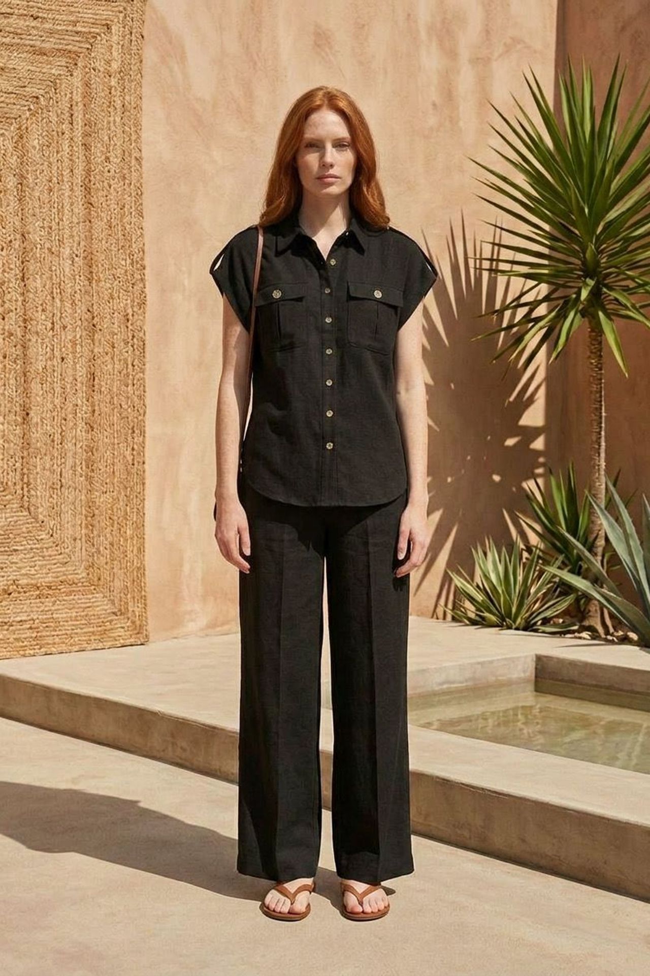 MY FASHION High Waist Wide Leg Two-Piece Set with Shirt Collar 2