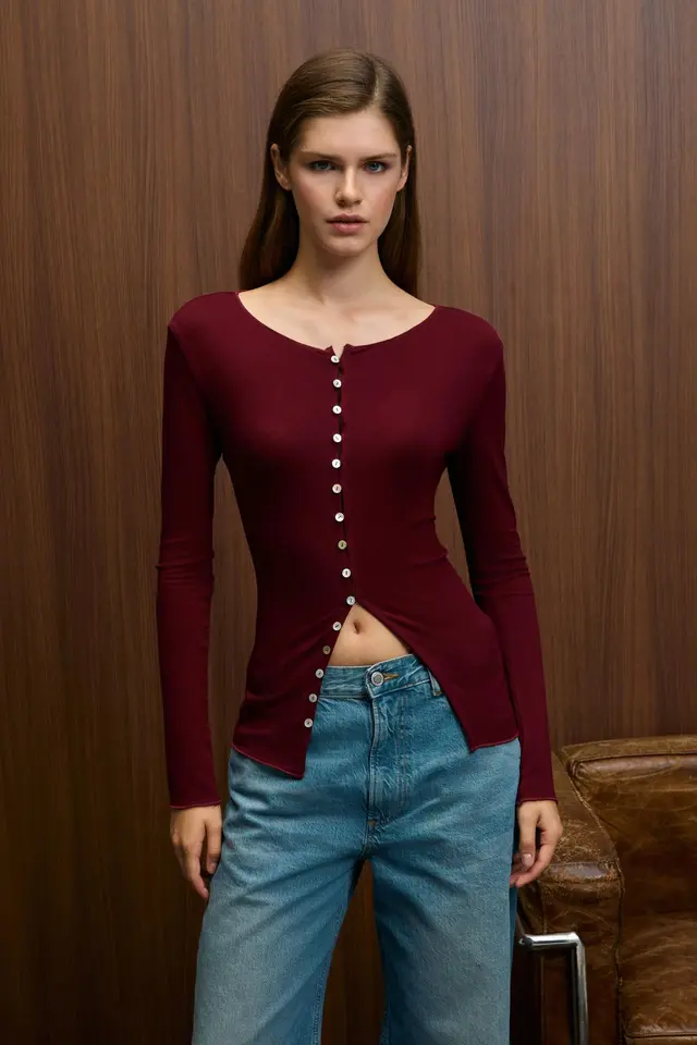 GRIMELANGE Slim Fit Crew Neck Button Blouse