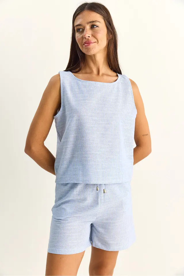LUCCI Striped Seersucker Blouse And Shorts Set