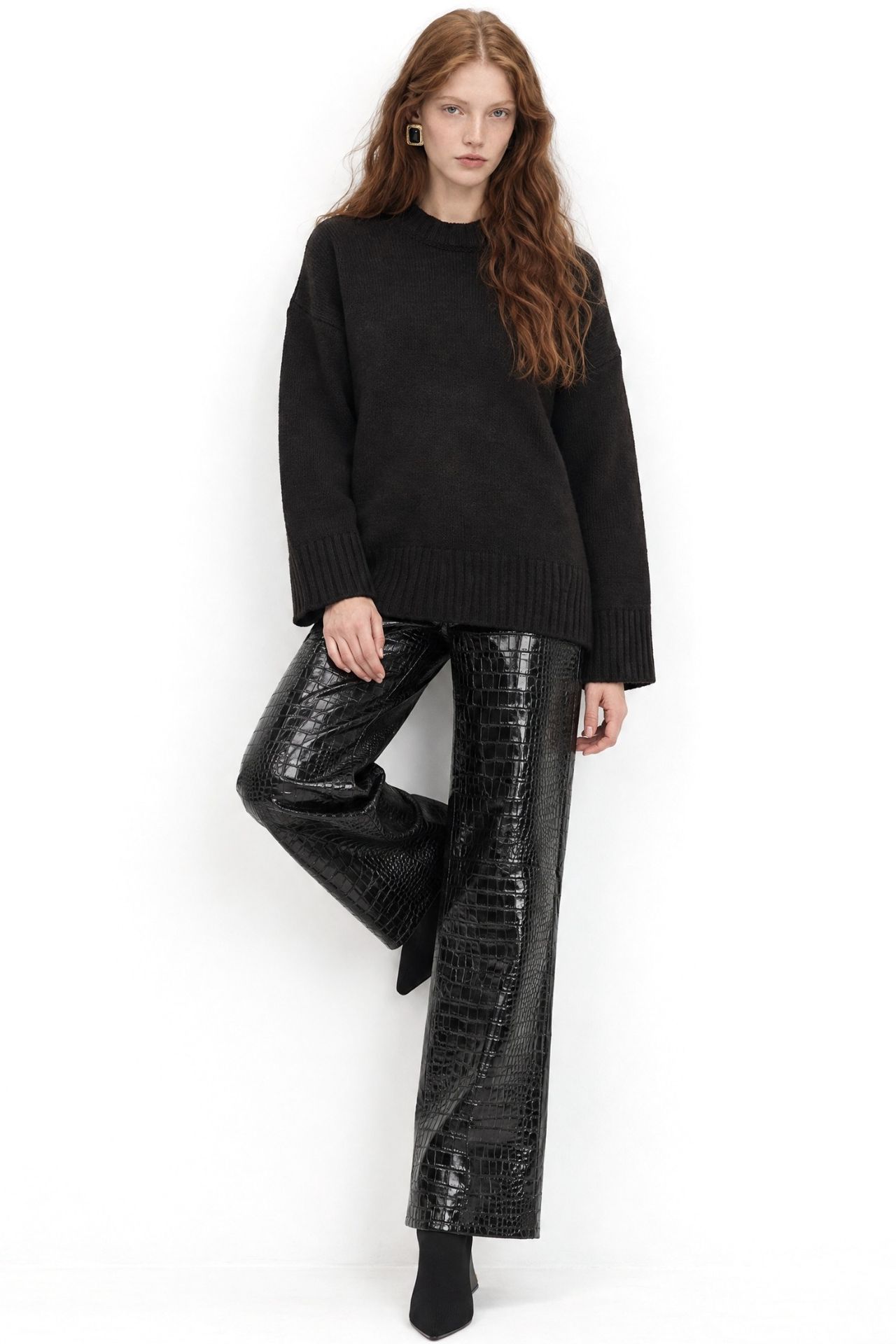 Mixray Oversized Ribbed Knit Sweater with Crew Neck 4