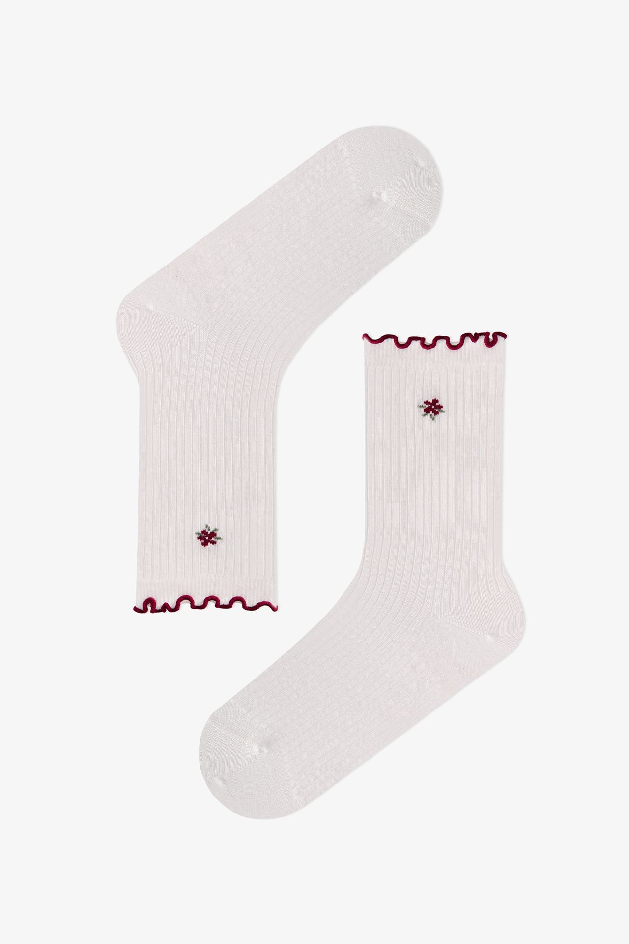 PENTI Ruffled Floral Crisp Flower Pattern Cotton Pair Crew Socks 2