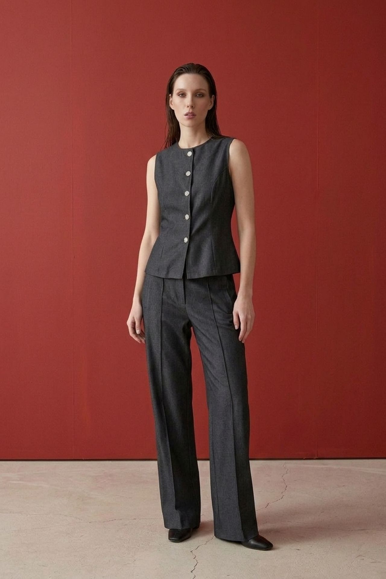 MY FASHION Cotton Poplin Vest and Wide-Leg Trouser Set 4