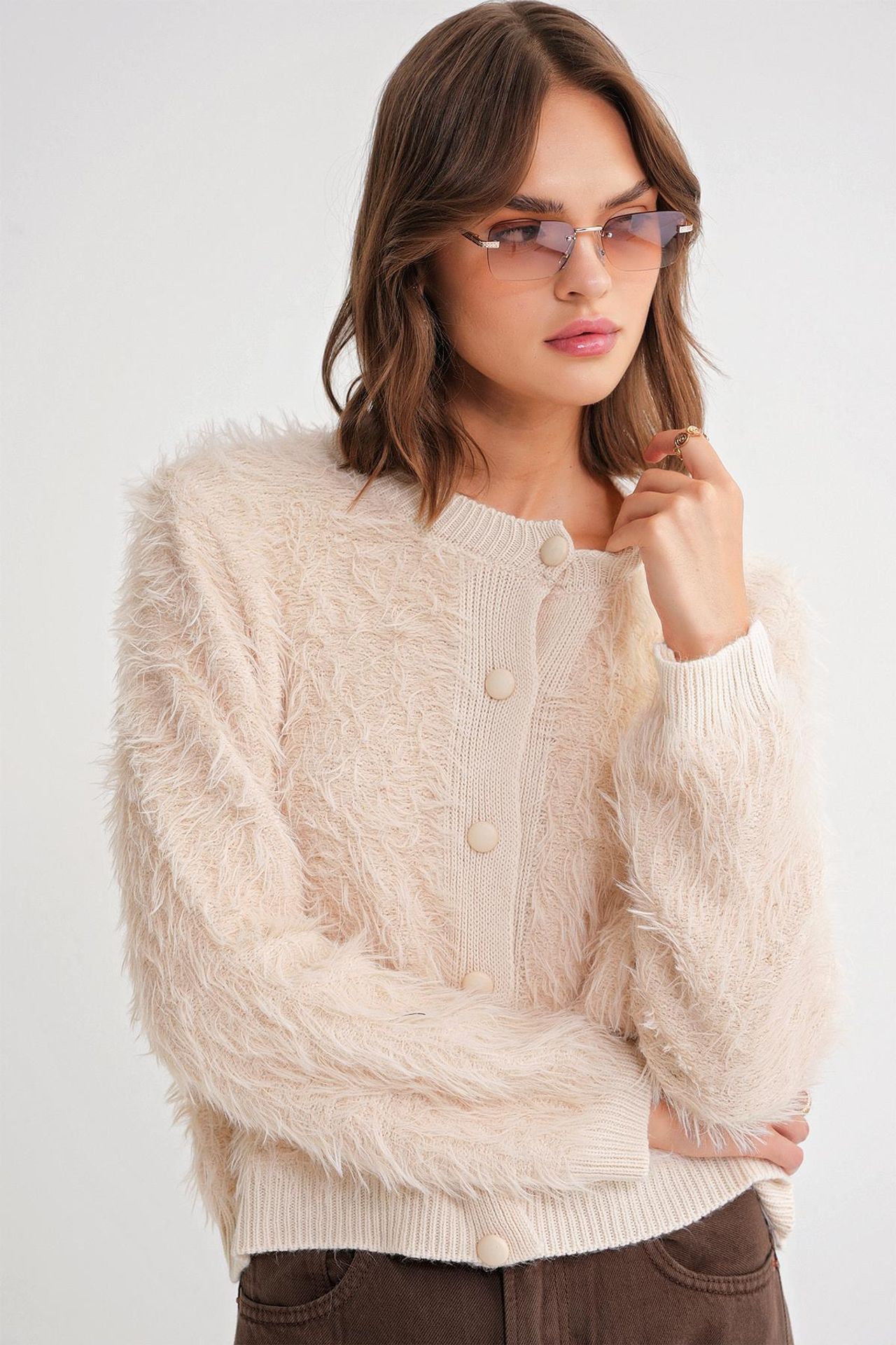 Mixray Buttoned Plush Textured Cardigan 3