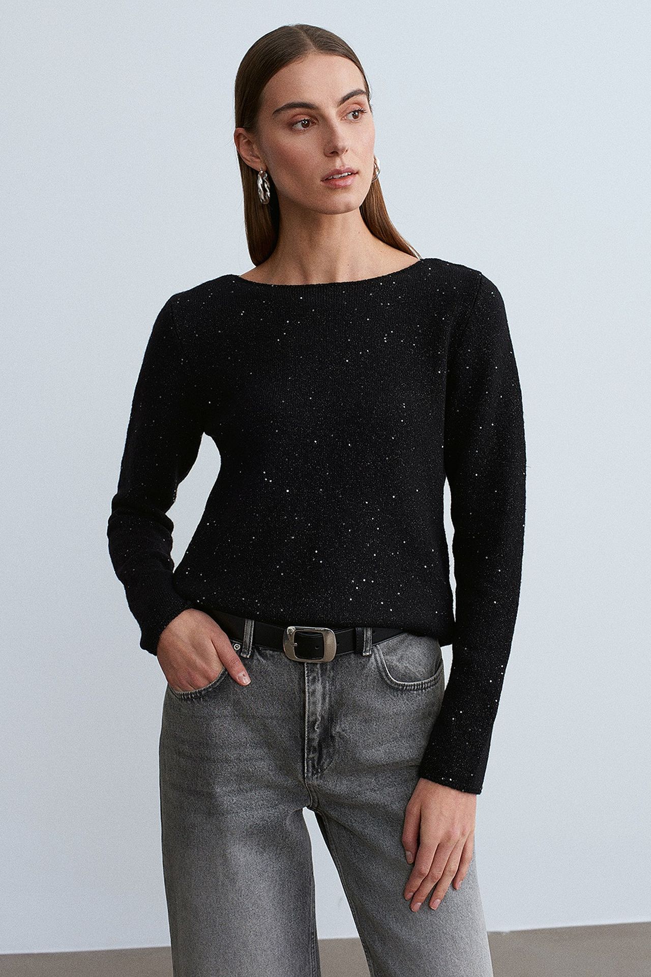 DILVIN Boat Neck Sequin Knit Sweater
