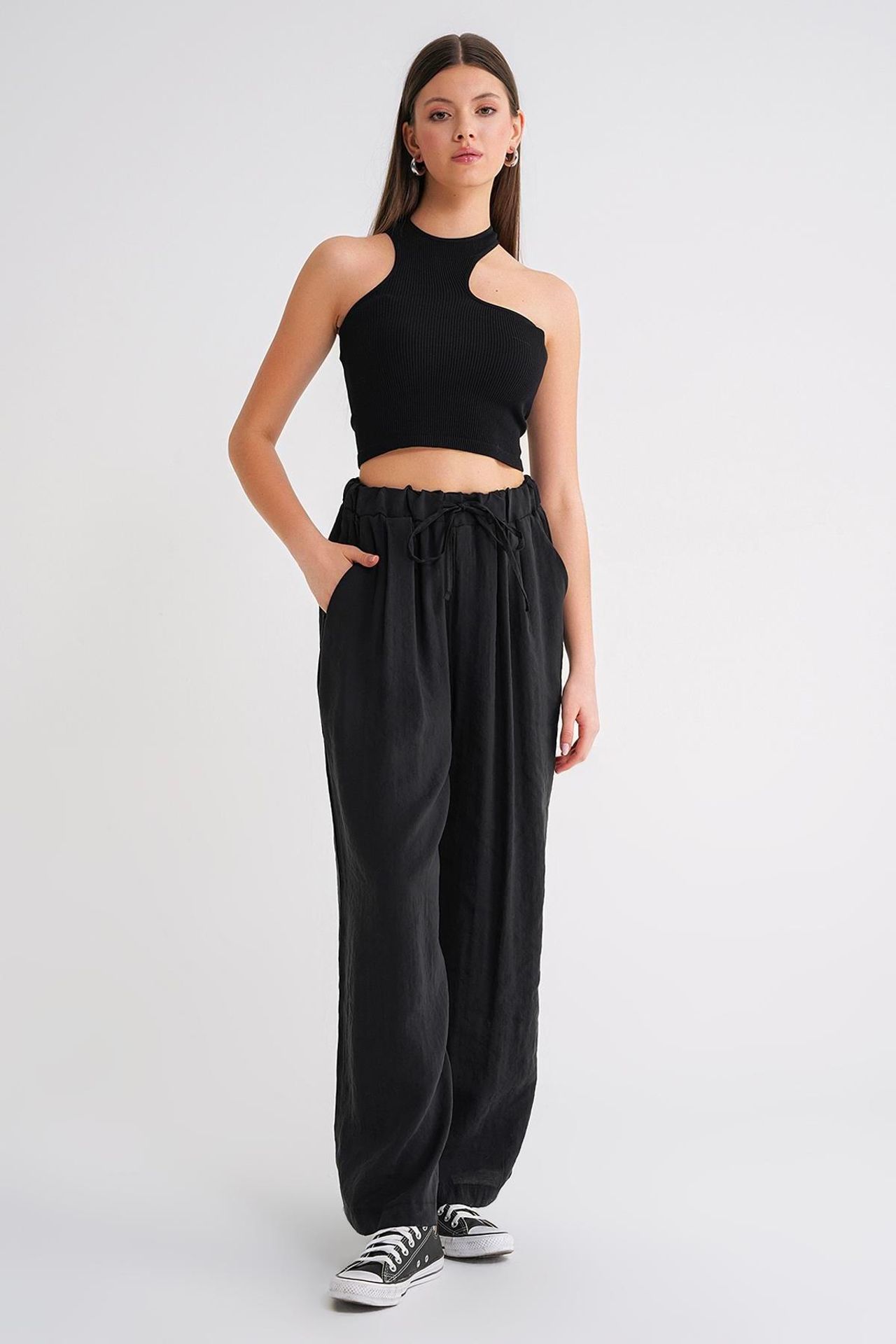 Mixray High Waist Modal Pleated Palazzo Pants with Drawstring 2