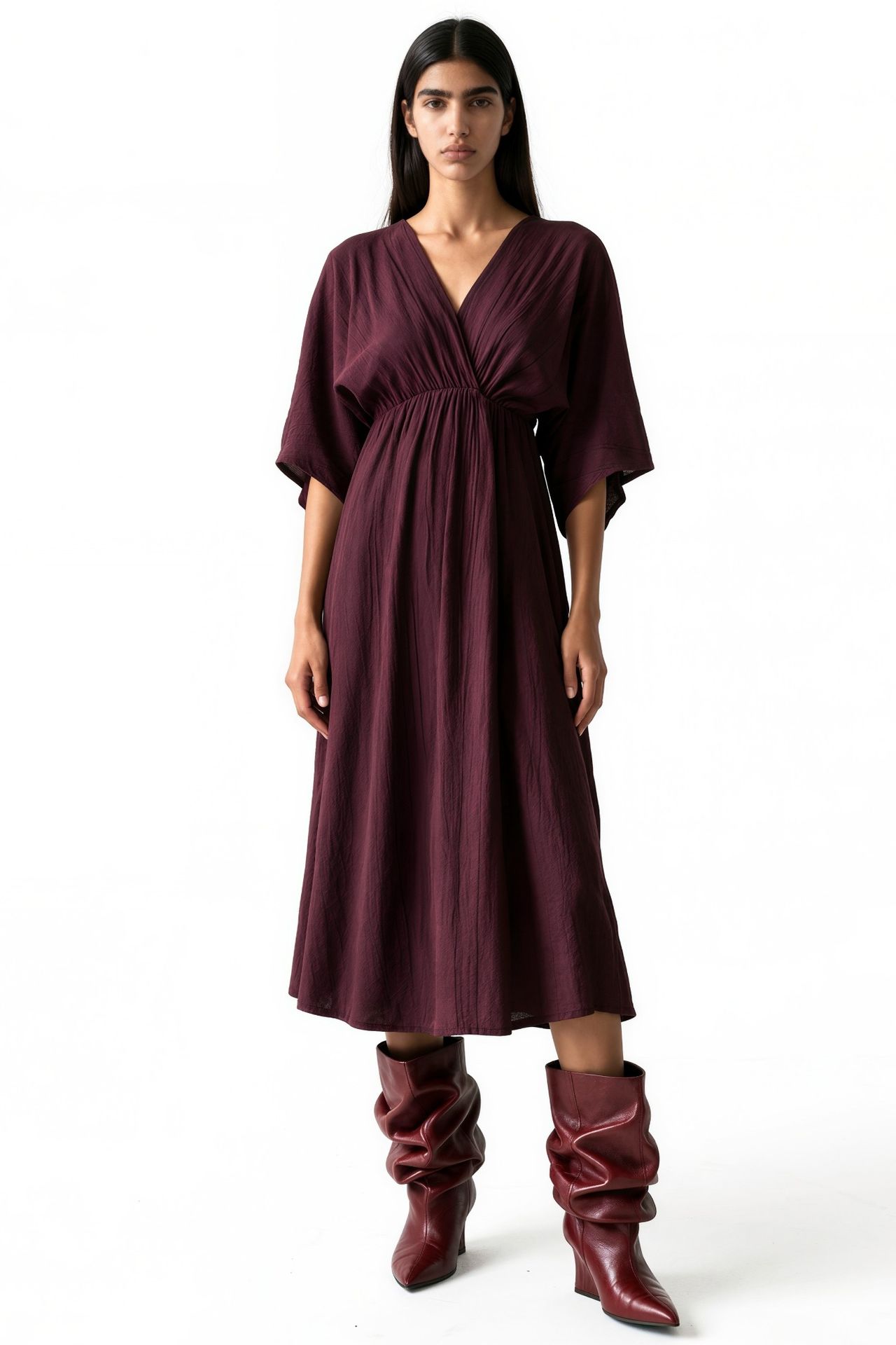 BUSEM V-Neck Midi Wrap Dress with Three Quarter Sleeves 4