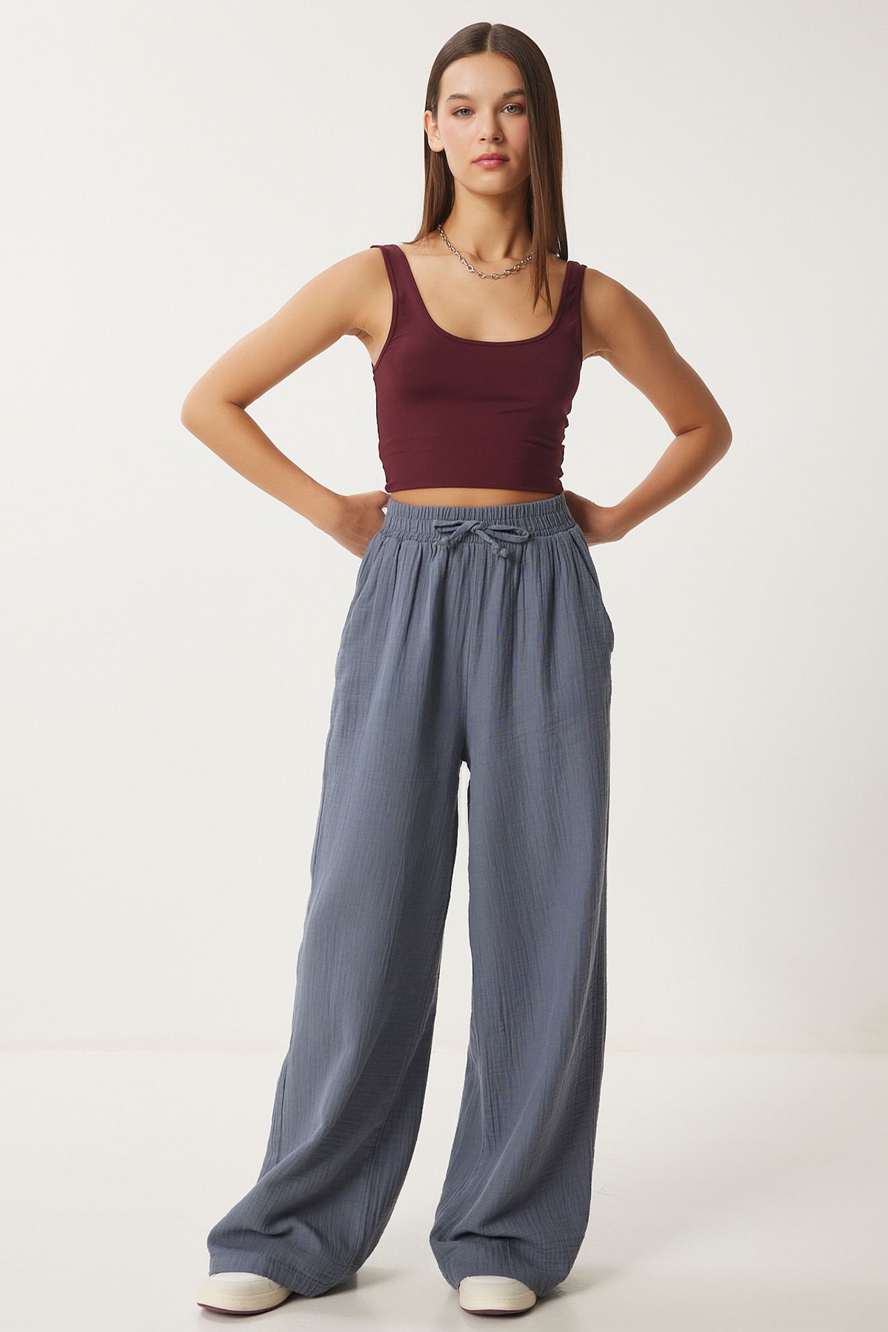 ISTANBUL Wide Leg Drawstring Waist Pants with Binding Detail 2