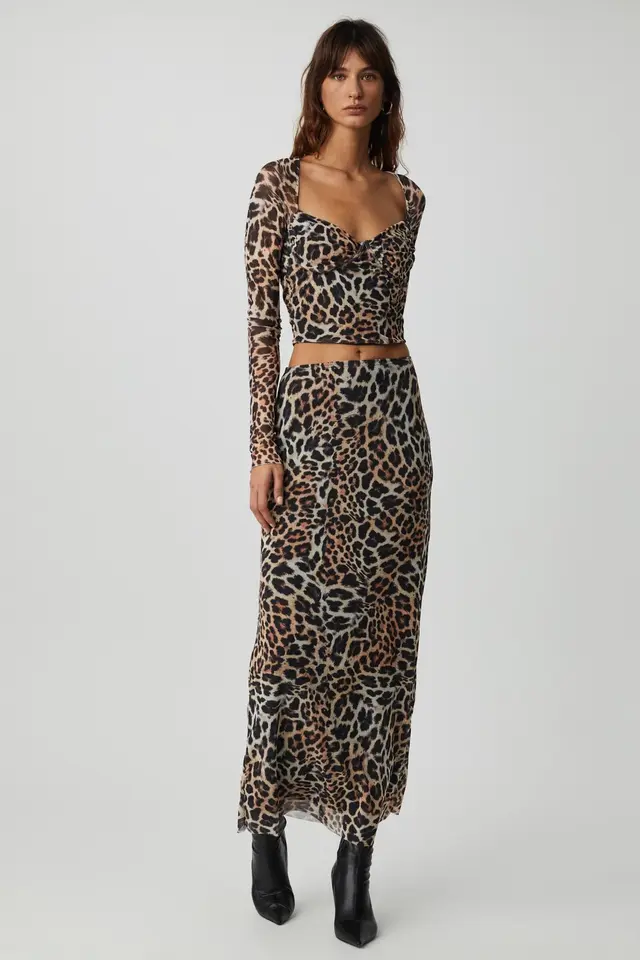 GRIMELANGE High Waist Leopard Maxi Skirt