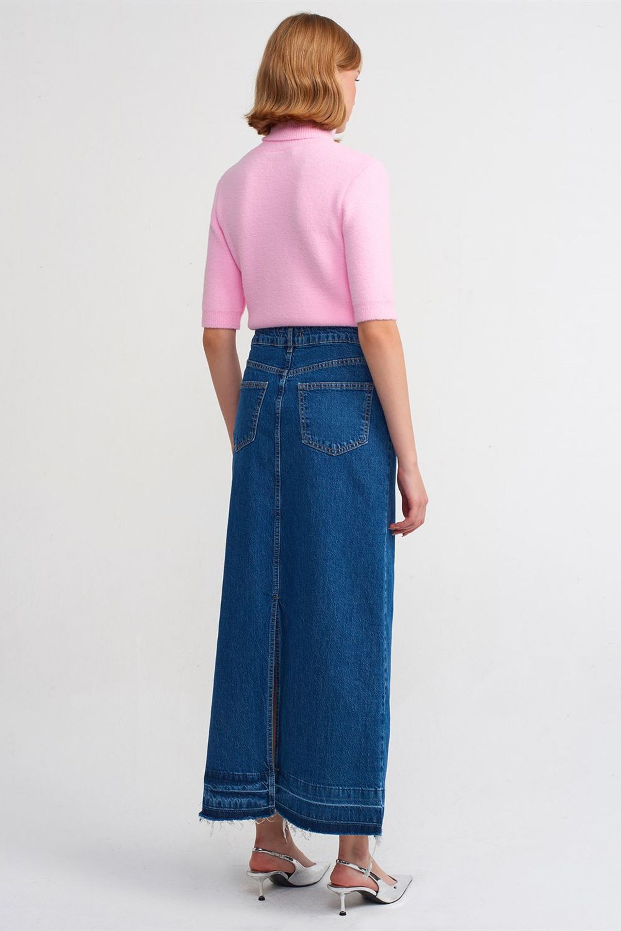 DILVIN Yüksek Bel Düz Maxi Denim Etek 2