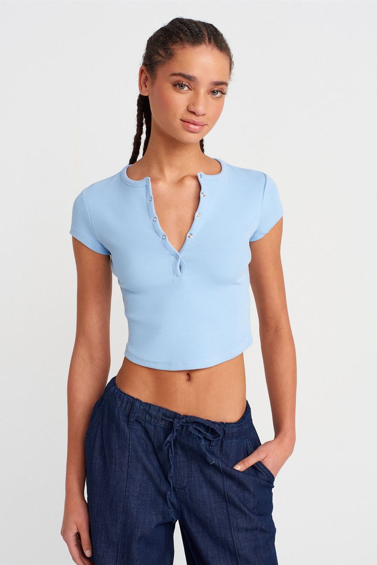 DILVIN Dar Kesim Nervürlü Crop Bluz 1