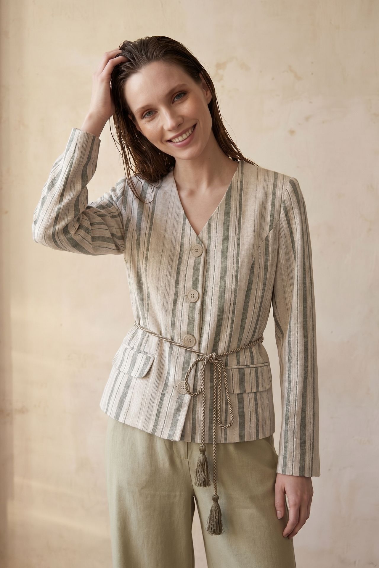 MY FASHION Striped belted poplin jacket 4