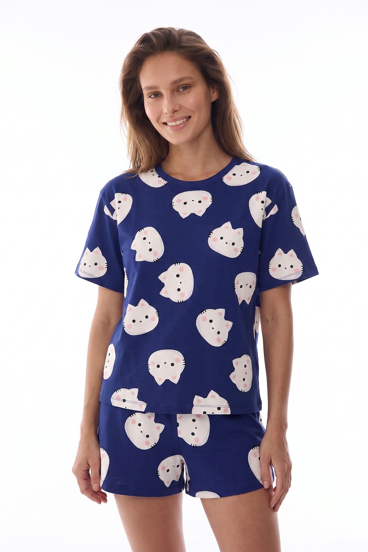 PENTI Happy Cats Cat Pattern Short Sleeve Shorts Pajama Set 1