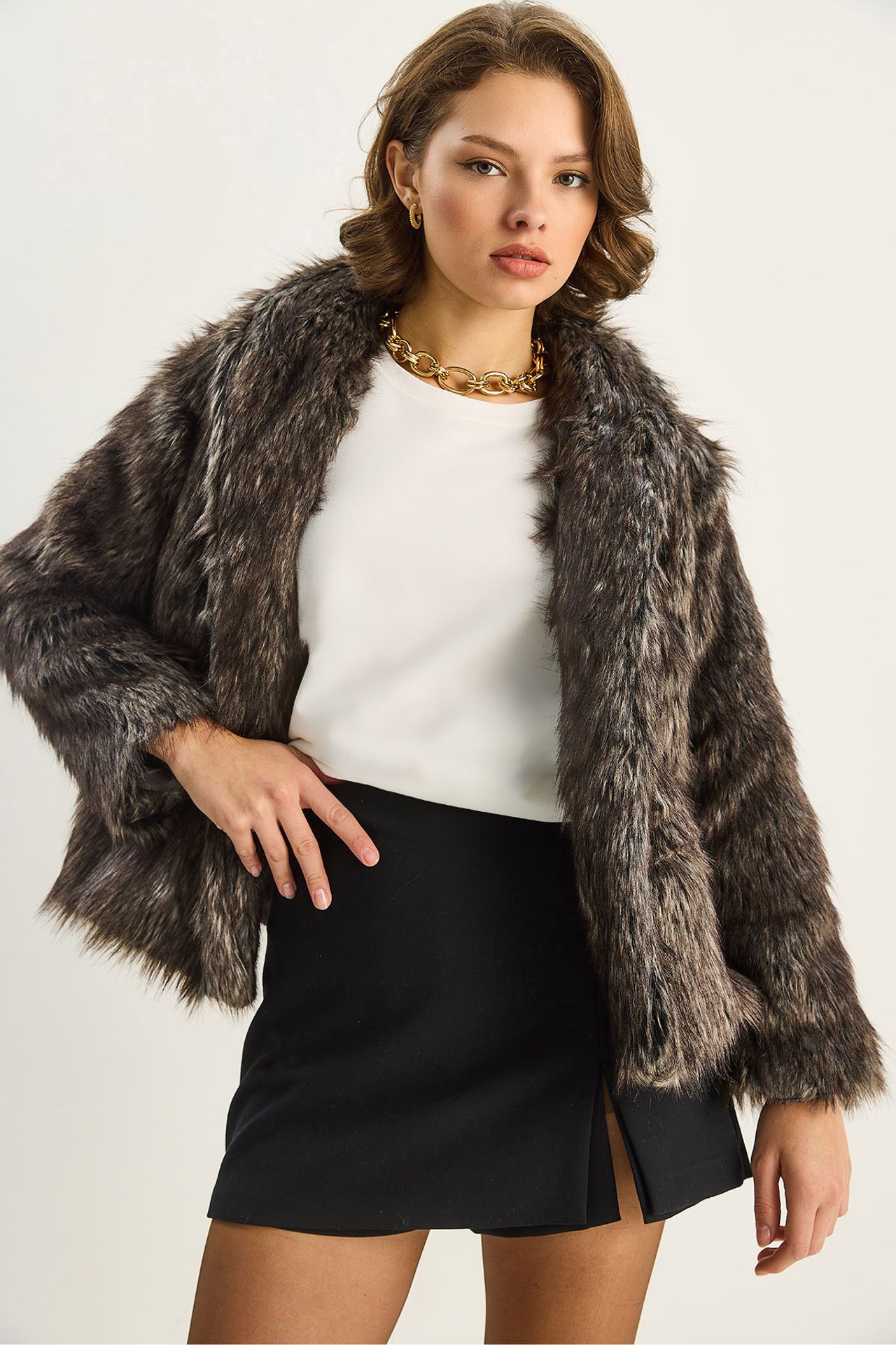 Faux Fur Cropped Open Collar Coat 1