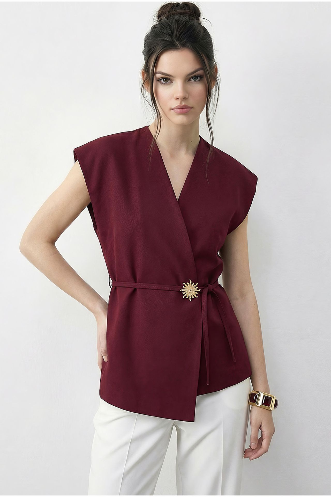 LUCCI Belted V-Neck Crepe Waistcoat 2