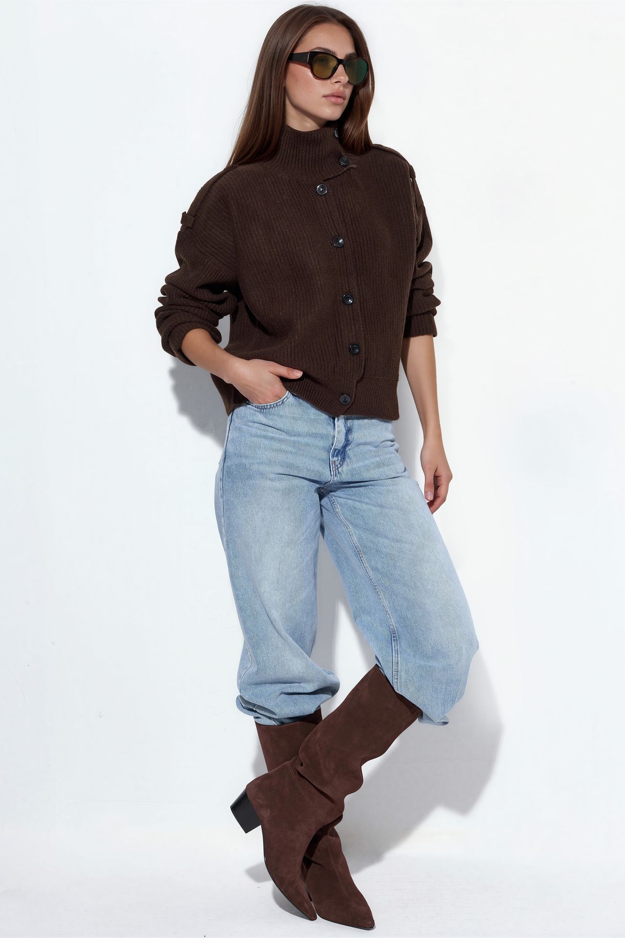 VIORNA Ribbed Half-Turtleneck Button Cardigan 2