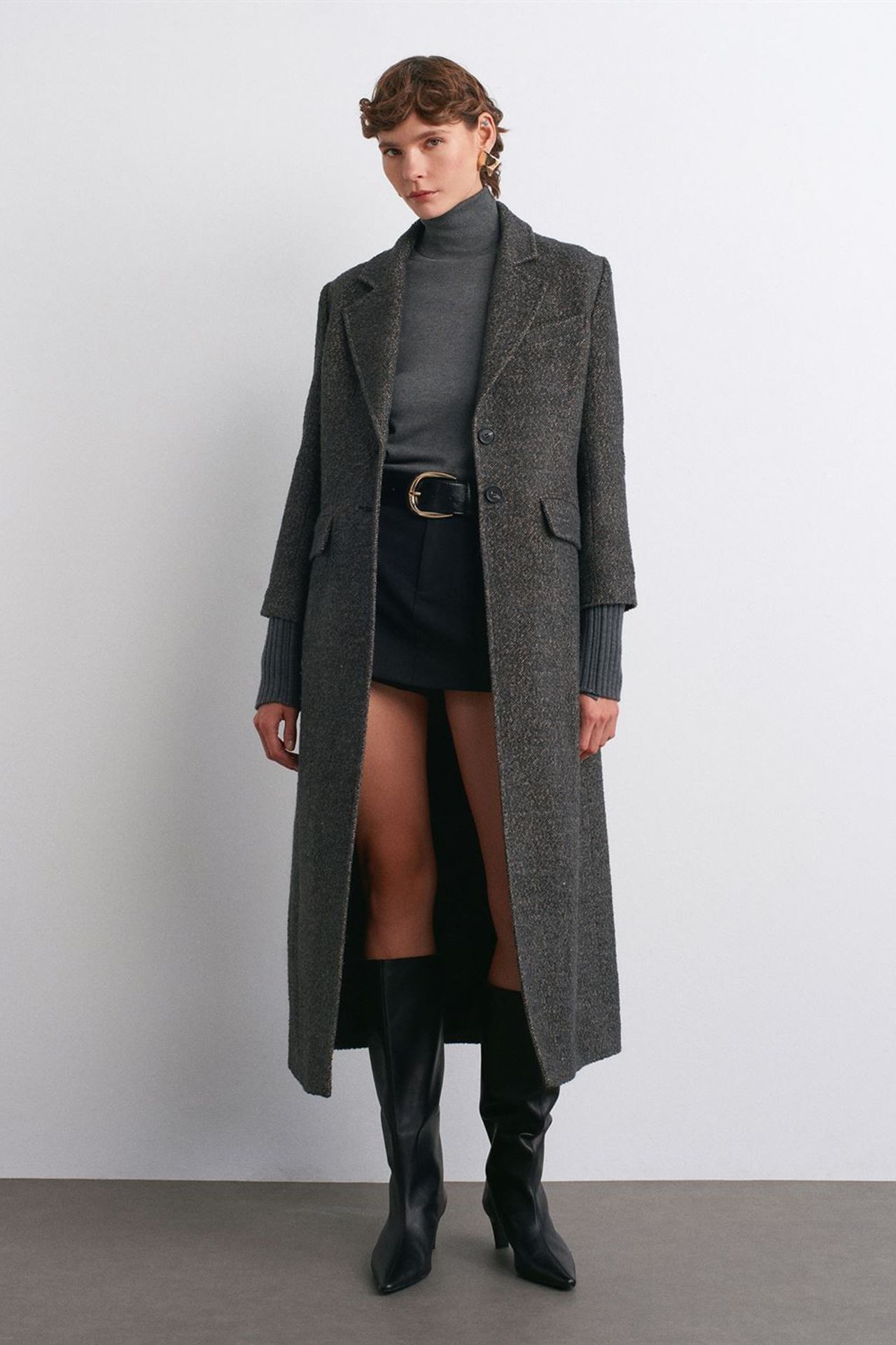 DILVIN Textured Tweed Long Overcoat 1