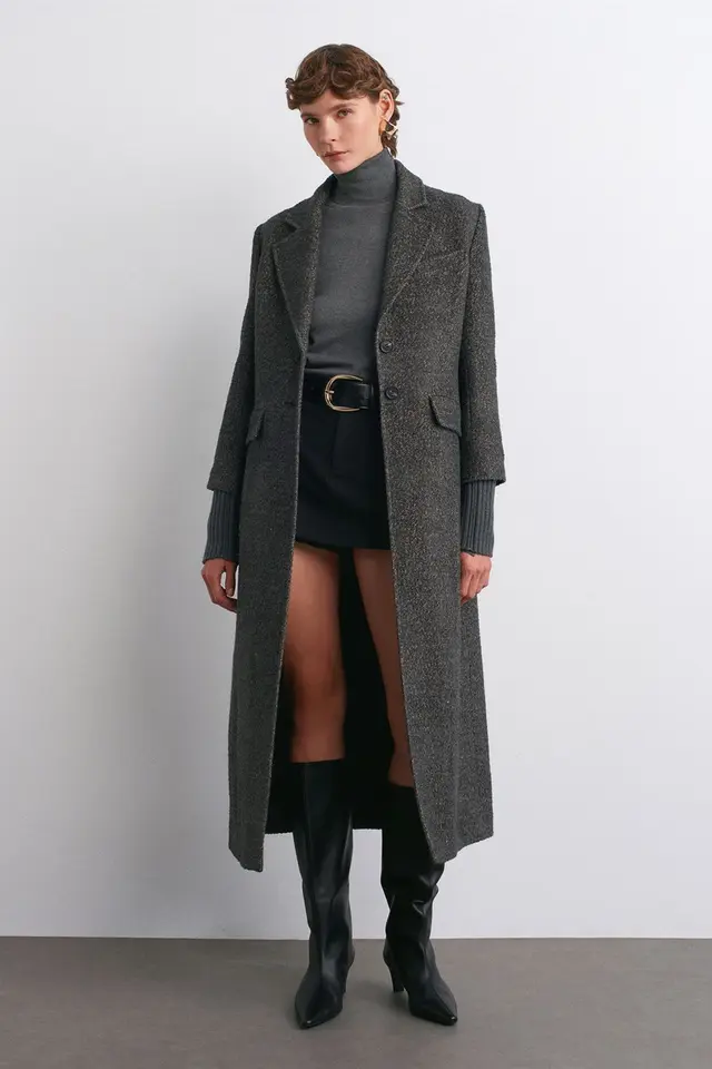 DILVIN Textured Tweed Long Overcoat