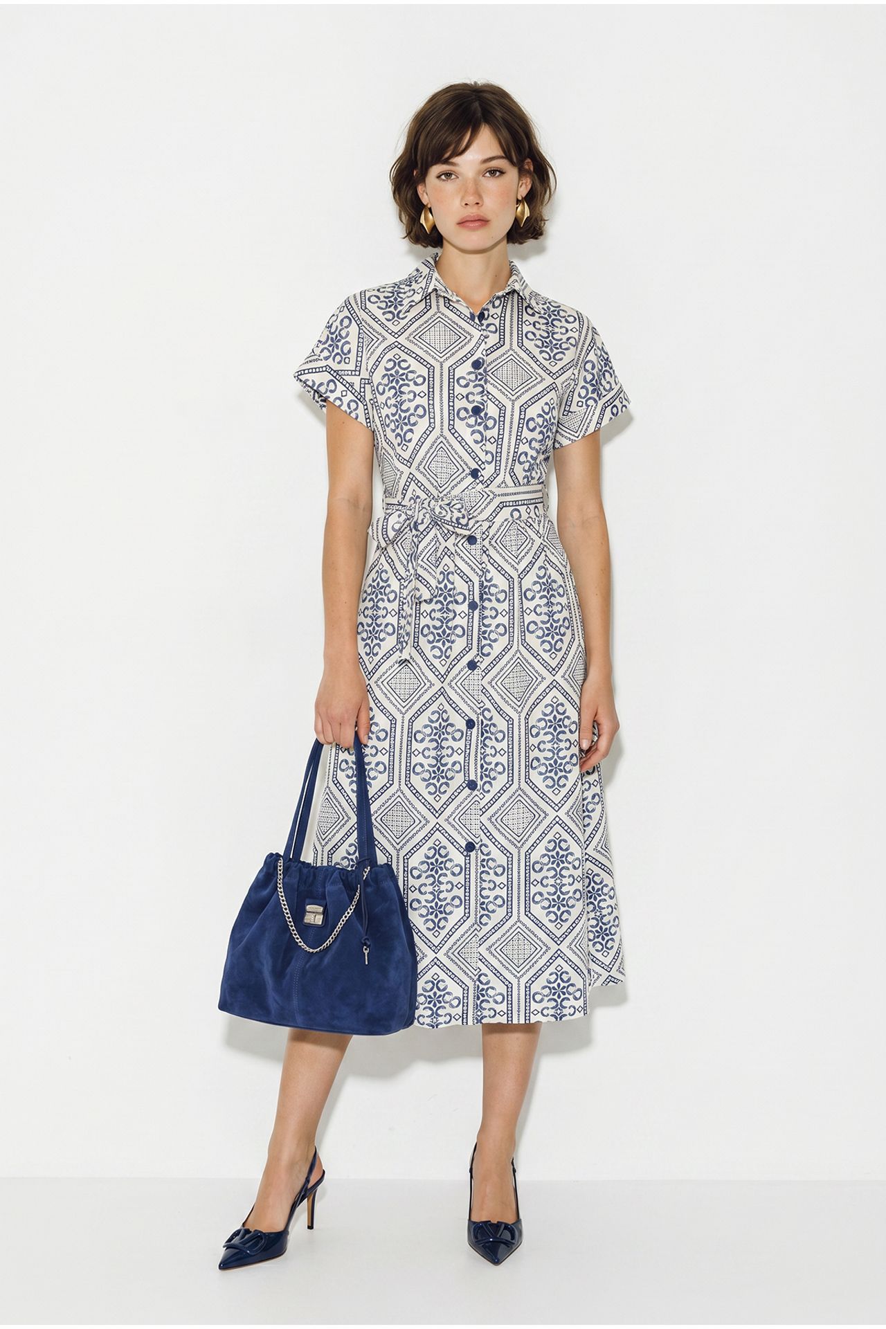 LUCCI Belted Geometric Cotton Midi Shirt Dress 2