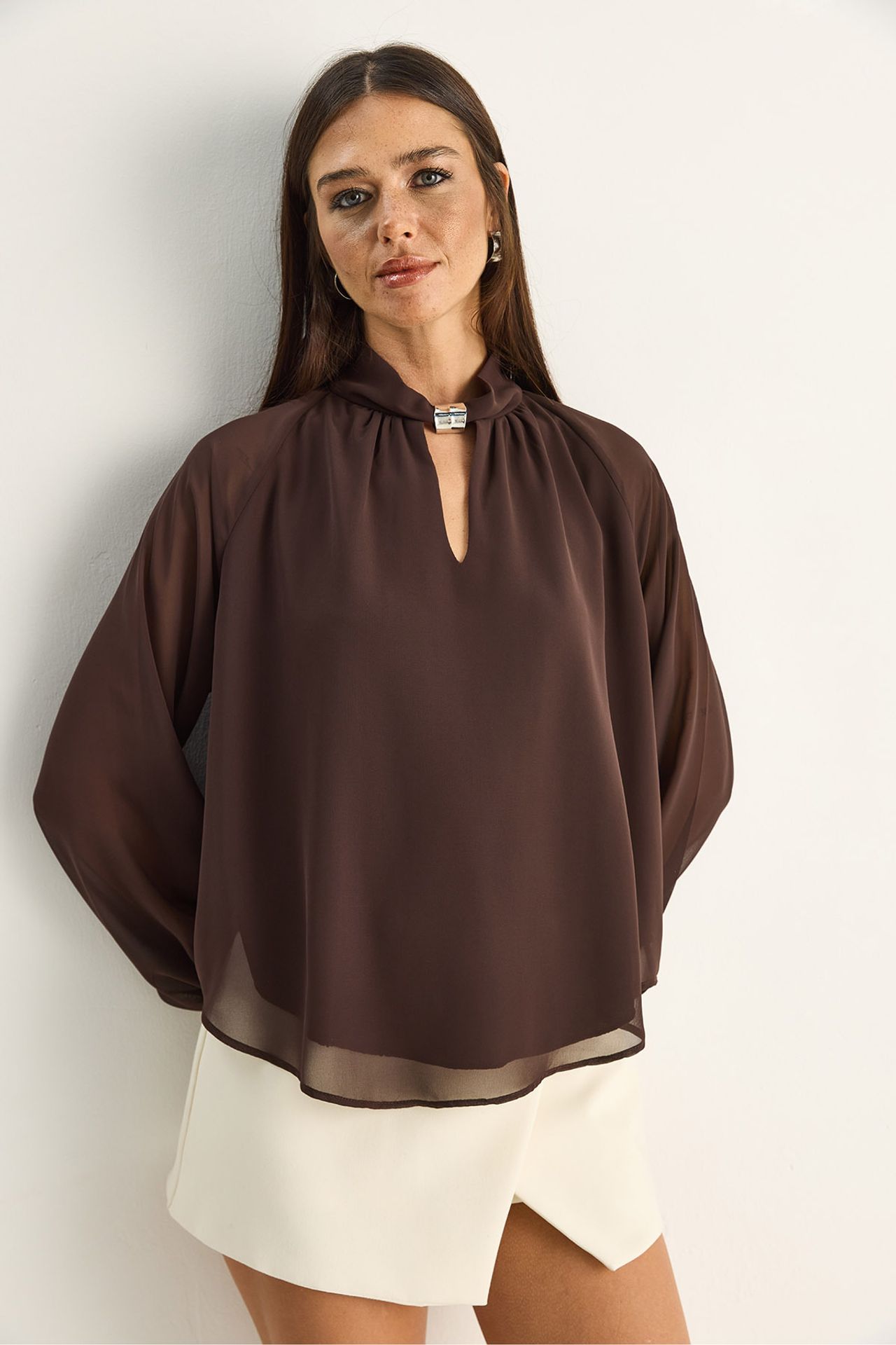 LUCCI Mandarin Collar Chiffon Blouse with Stone Accessory 2