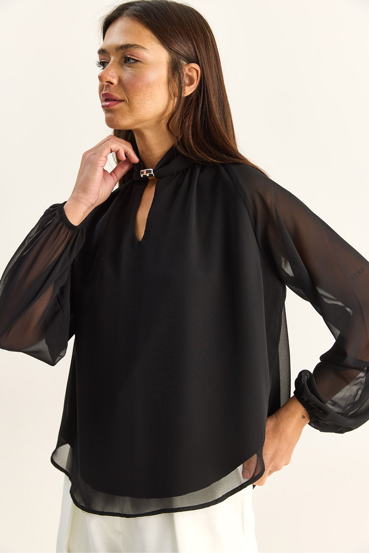 LUCCI Mandarin Collar Chiffon Blouse with Stone Accessory 3