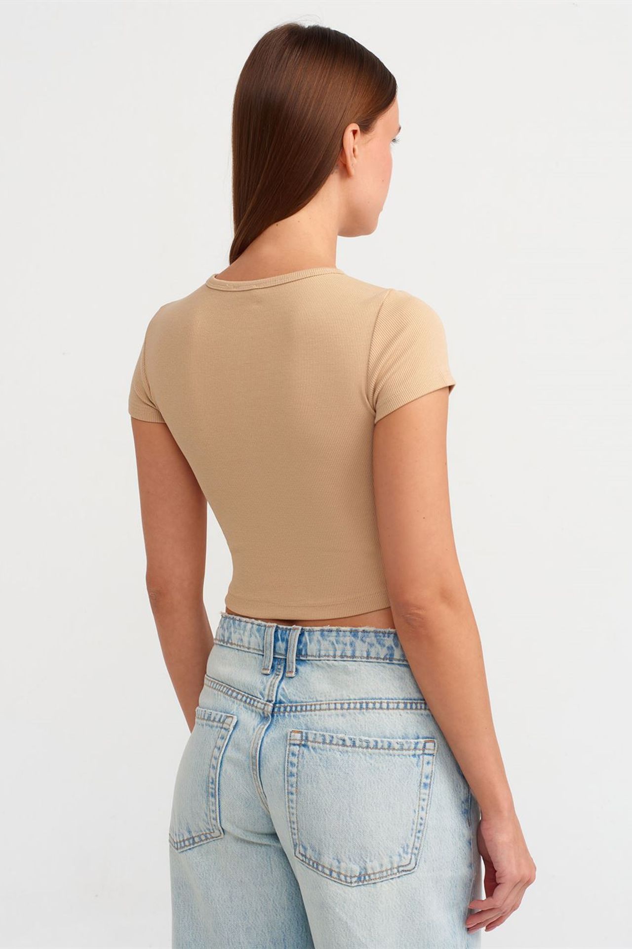 DILVIN Kadın Kısa Slim Fit Bisiklet Yaka Tişört 2