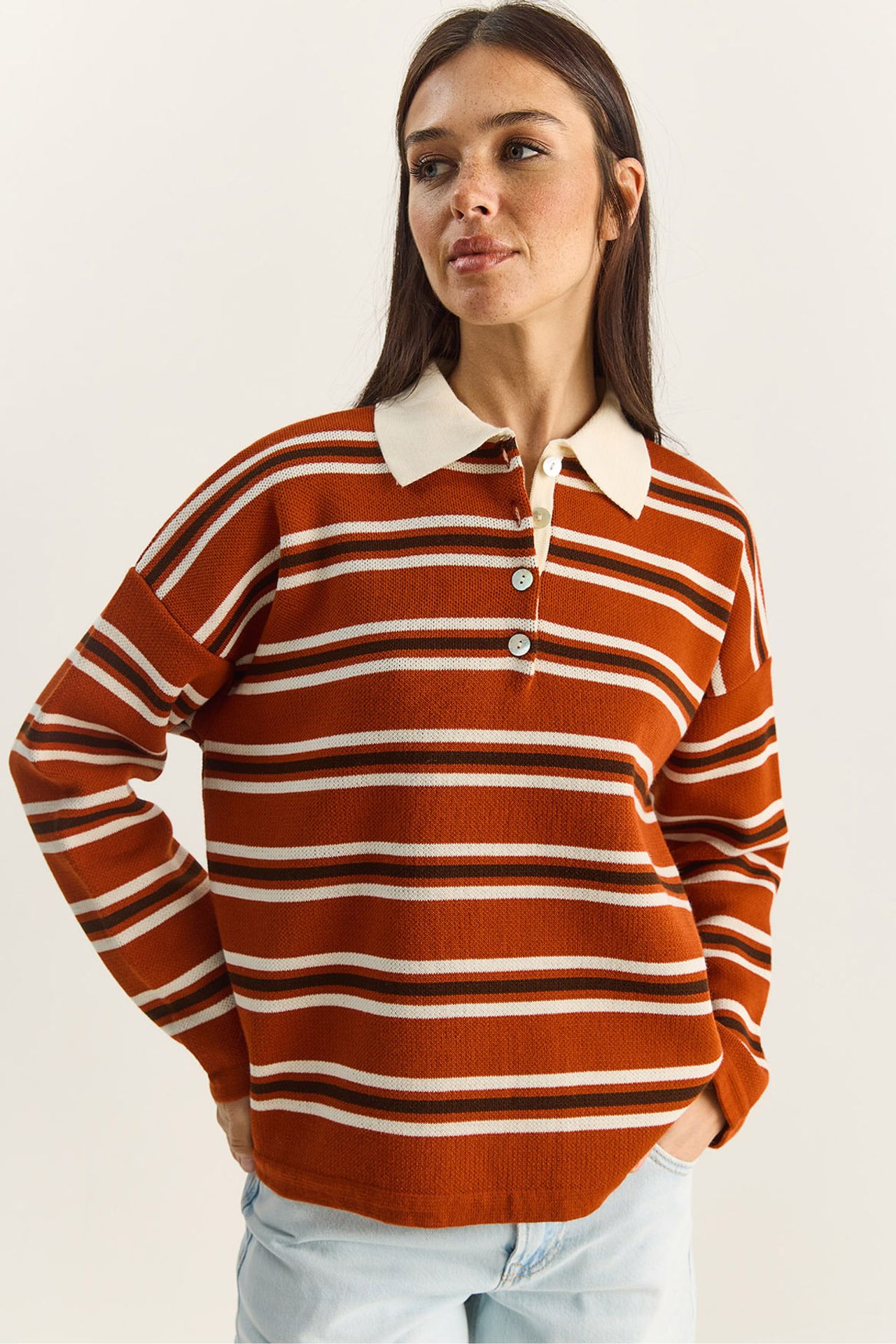 LUCCI Striped Polo Collar Button Sweater 1